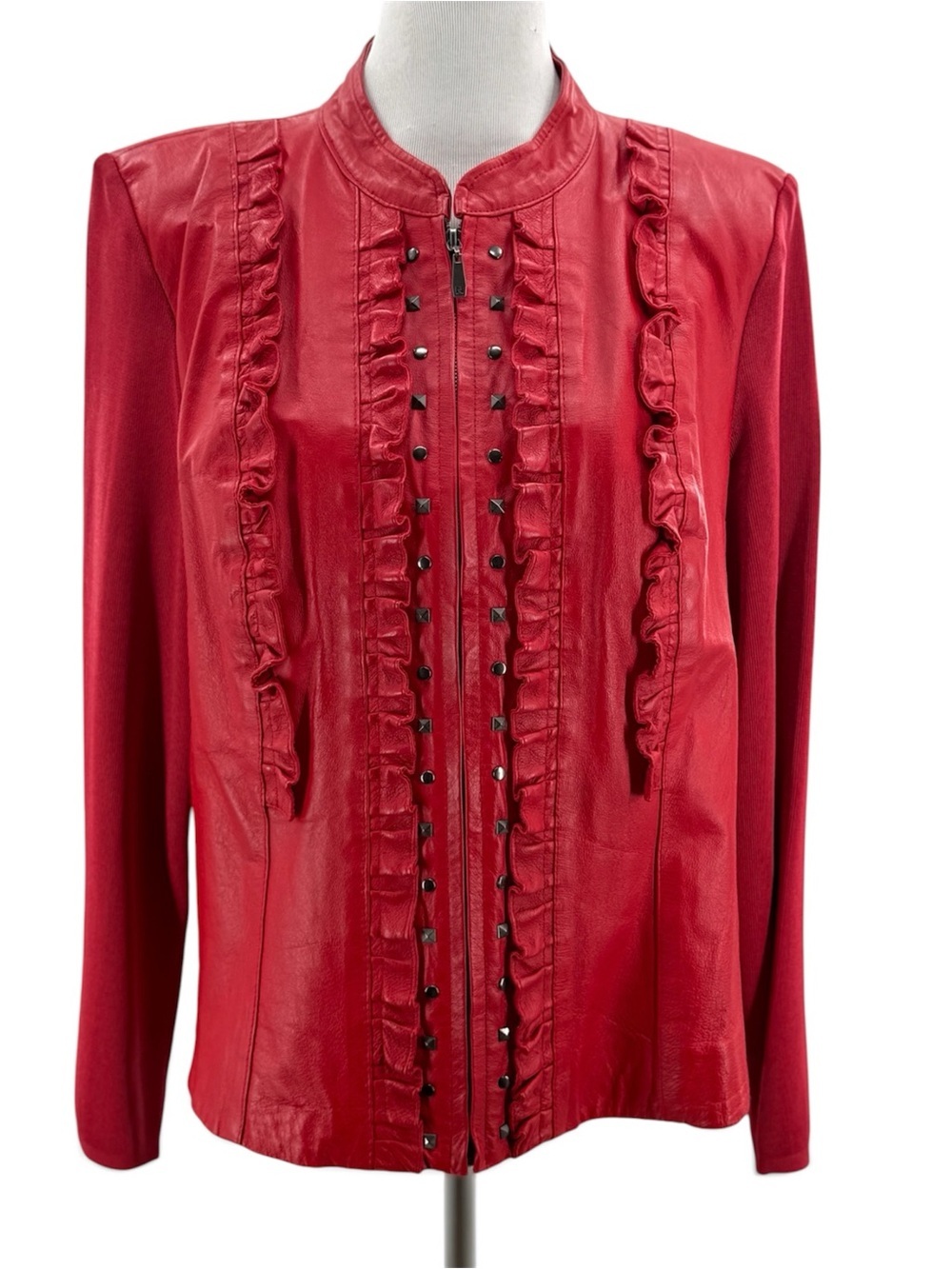 Peter Nygard Red Leather Knit Jacket Ruffle Studded Moto Zip Front Large
